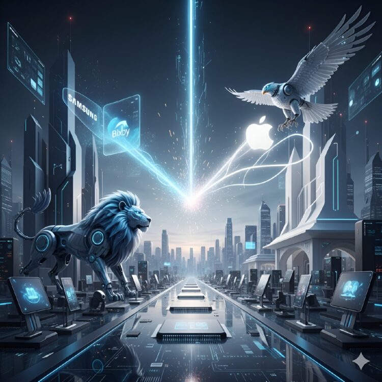 انیمیشن با تم علمی تخیلی از نبرد بین یک شیر روباتیک (نماد Samsung/Bixby) و یک عقاب روباتیک (نماد Apple)، که در یک خیابان شهر آیندهنگر رو به روی هم ایستادهاند.
