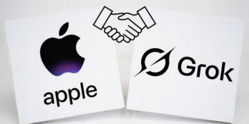 لوگوی Apple در سمت چپ و لوگوی Grok (هوش مصنوعی ایلان ماسک) در سمت راست، با یک دست دادن کارتونی در بالای هر دو، که نمادی از همکاری یا تسخیر است.