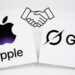 لوگوی Apple در سمت چپ و لوگوی Grok (هوش مصنوعی ایلان ماسک) در سمت راست، با یک دست دادن کارتونی در بالای هر دو، که نمادی از همکاری یا تسخیر است.