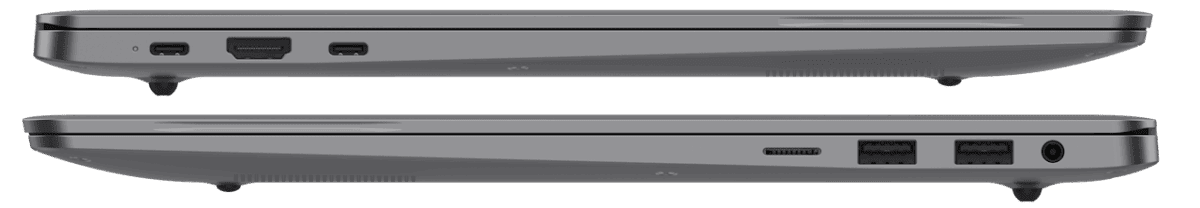 نمای جانبی بالای لپ‌تاپ Geekbook X14 Pro با پورت‌های سمت چپ (دو USB-C و یک HDMI) و نمای جانبی پایین با پورت‌های سمت راست (یک درگاه کوچک، دو USB-A و جک هدفون).