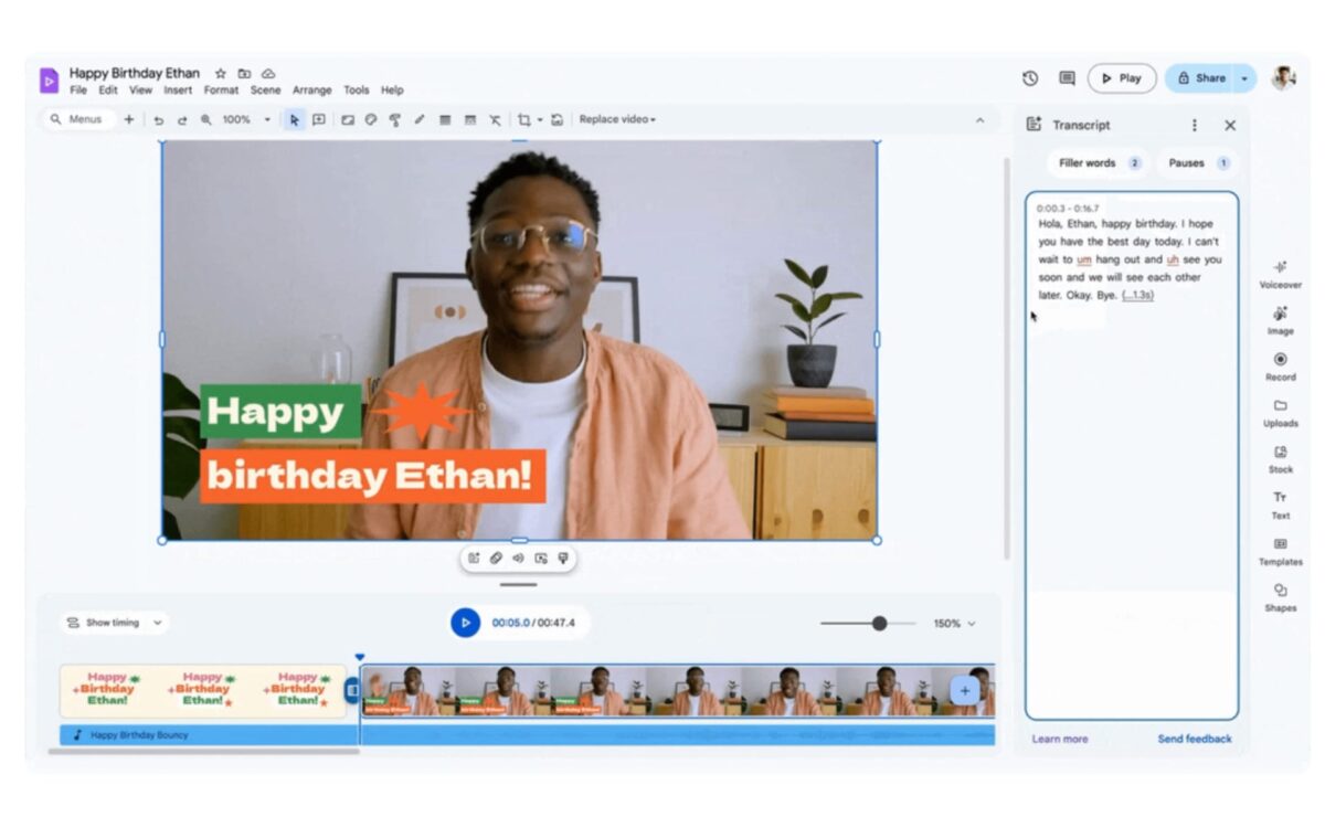 رابط کاربری Google Vids (ابزار ساخت ویدیو) که یک ویدیوی "Happy birthday Ethan!" را در حال ویرایش نشان می‌دهد و یک نوار ابزار در سمت راست برای تبدیل متن به صدا (Voiceover) و افزودن تصاویر دارد.