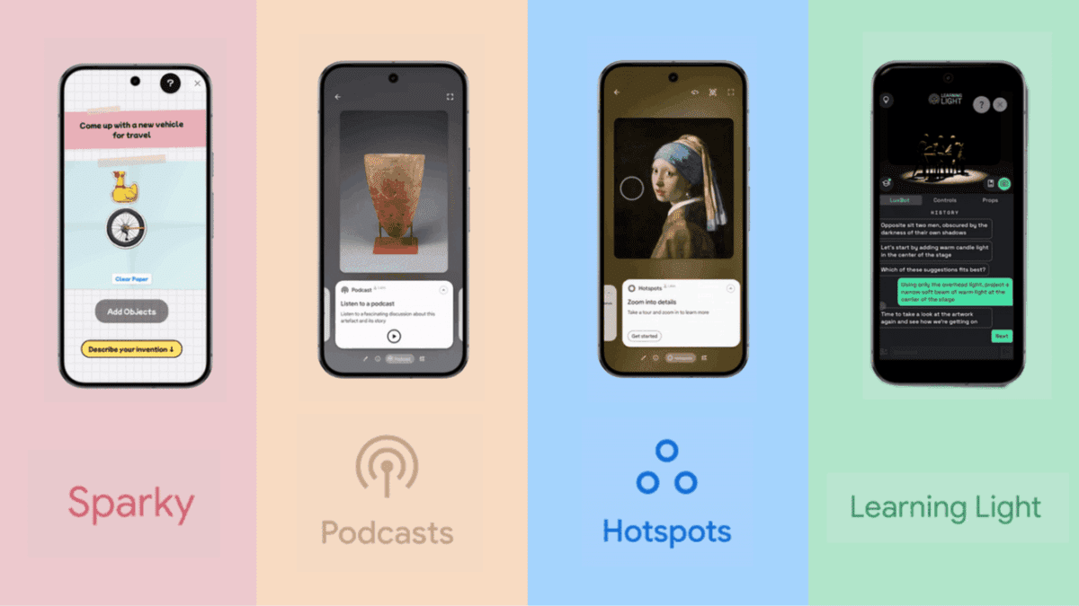 چهار گوشی هوشمند مجزا که برنامه‌های کاربردی هوش مصنوعی مولد گوگل را نشان می‌دهند: Sparky، Podcasts، Hotspots و Learning Light.
