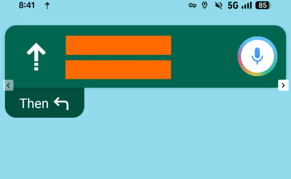 نمای نزدیک از رابط کاربری ناوبری Google Maps در یک گوشی هوشمند، که یک فلش مسیر و دو مستطیل نارنجی را نشان می‌دهد، با آیکون Gemini (الماس آبی) در سمت راست.