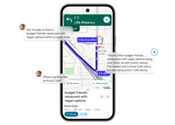 رابط کاربری Google Maps در یک گوشی هوشمند که در حال ناوبری، یک پنجره گفتگوی هوش مصنوعی را در مرکز نشان میدهد که به سوالاتی در مورد رستورانها و پارکینگ پاسخ میدهد.