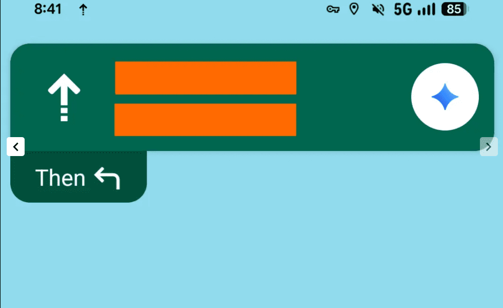 نمای نزدیک از رابط کاربری ناوبری Google Maps در یک گوشی هوشمند، که یک فلش مسیر و دو مستطیل نارنجی را نشان می‌دهد، با آیکون Gemini (الماس آبی) در سمت راست.