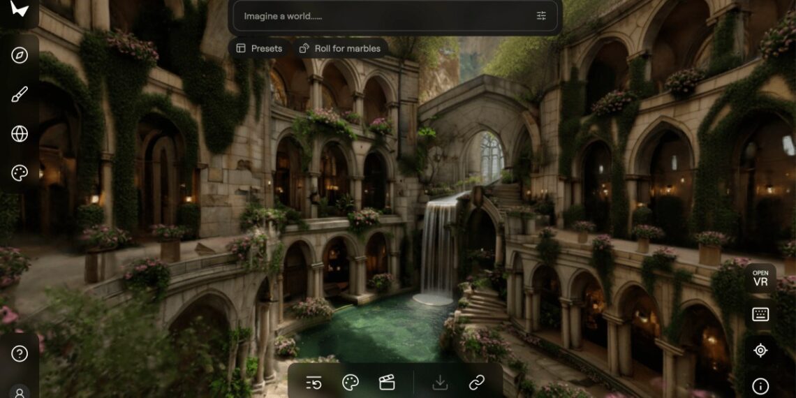 یک رابط کاربری تولید تصویر با هوش مصنوعی که یک محیط فانتزی و باستانی شبیه به الف‌ها با آبشار و معماری سنگی با پوشش گیاهی زیاد را نمایش می‌دهد، و نوار جستجوی "Imagine a world...." در بالا قرار دارد.