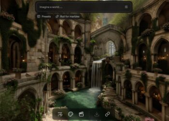 یک رابط کاربری تولید تصویر با هوش مصنوعی که یک محیط فانتزی و باستانی شبیه به الف‌ها با آبشار و معماری سنگی با پوشش گیاهی زیاد را نمایش می‌دهد، و نوار جستجوی "Imagine a world...." در بالا قرار دارد.