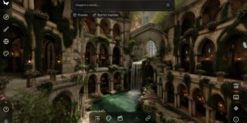 یک رابط کاربری تولید تصویر با هوش مصنوعی که یک محیط فانتزی و باستانی شبیه به الفها با آبشار و معماری سنگی با پوشش گیاهی زیاد را نمایش میدهد، و نوار جستجوی "Imagine a world...." در بالا قرار دارد.