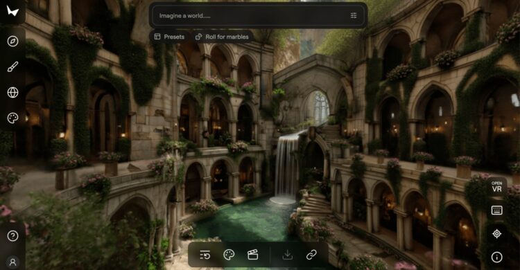 یک رابط کاربری تولید تصویر با هوش مصنوعی که یک محیط فانتزی و باستانی شبیه به الف‌ها با آبشار و معماری سنگی با پوشش گیاهی زیاد را نمایش می‌دهد، و نوار جستجوی "Imagine a world...." در بالا قرار دارد.