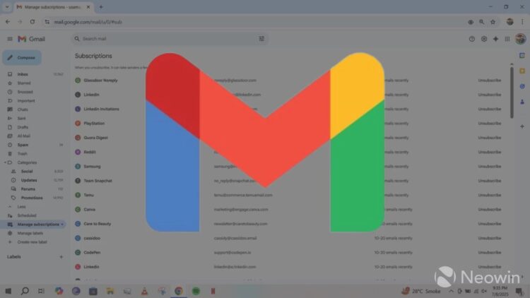 لوگوی بزرگ Gmail (حرف M) با رنگ‌های قرمز، سبز، زرد و آبی، که در مرکز صفحه مدیریت اشتراک‌های Gmail در مرورگر قرار گرفته است.