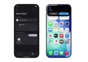 گوشی هوشمند که برنامه Quick Share اندروید در سمت چپ (با یک فایل انتخاب شده برای ارسال به iPhone) و گوشی iPhone که پاپ‌آپ AirDrop با درخواست دریافت فایل از Pixel را در سمت راست نشان می‌دهد.