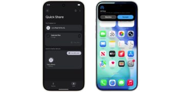 گوشی هوشمند که برنامه Quick Share اندروید در سمت چپ (با یک فایل انتخاب شده برای ارسال به iPhone) و گوشی iPhone که پاپ‌آپ AirDrop با درخواست دریافت فایل از Pixel را در سمت راست نشان می‌دهد.
