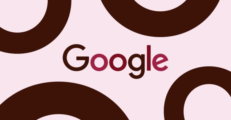 لوگوی Google به رنگ‌های قرمز و خرمایی بر روی پس‌زمینه‌ای صورتی کم‌رنگ، که توسط چهار شکل نیم‌دایره‌ای به رنگ قهوه‌ای تیره قاب شده است.