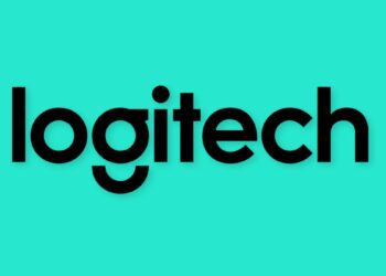 نام و لوگوی مشکی Logitech بر روی یک پس‌زمینه فیروزه‌ای روشن.