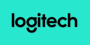 نام و لوگوی مشکی Logitech بر روی یک پس‌زمینه فیروزه‌ای روشن.