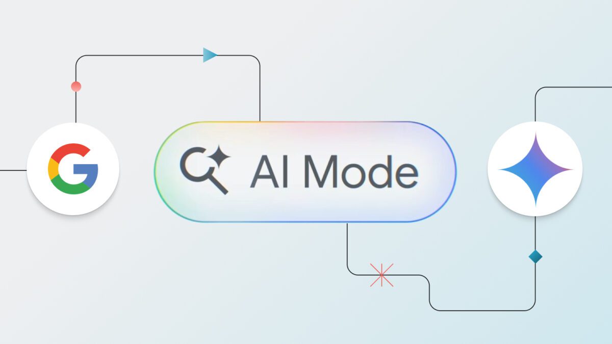 یک گرافیک مفهومی که لوگوی گوگل (G) و لوگوی Gemini را به یک مرکز با عنوان "AI Mode" و نماد جستجو متصل میکند.