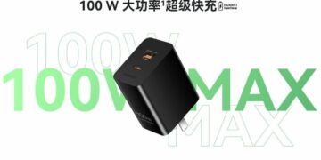 شارژر ۱۰۰ واتی GaN هواوی به رنگ مشکی که دارای یک پورت ترکیبی Type-A/Type-C است و متن "100W MAX" در پس‌زمینه دیده می‌شود.