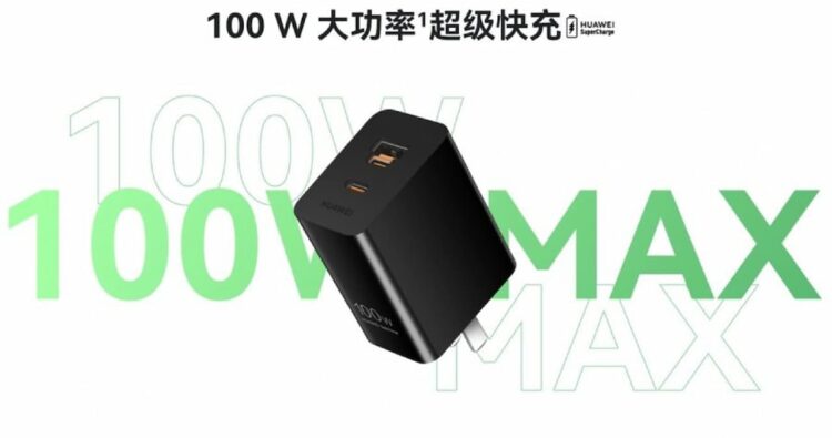 شارژر ۱۰۰ واتی GaN هواوی به رنگ مشکی که دارای یک پورت ترکیبی Type-A/Type-C است و متن "100W MAX" در پسزمینه دیده میشود.