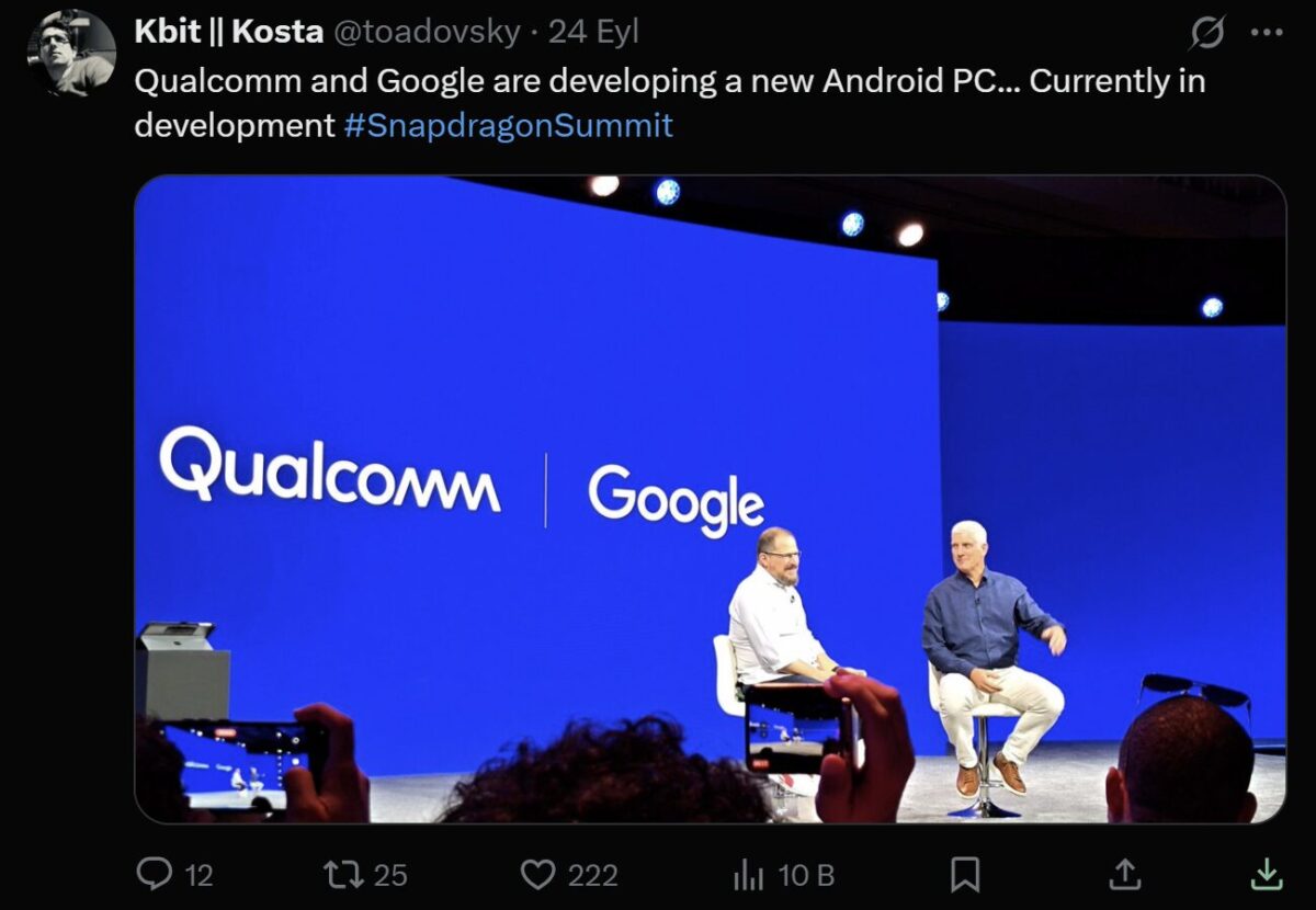 توییت حاوی تصویری از دو نفر (احتمالاً مدیران کوالکام و گوگل) روی صحنه در کنفرانس Snapdragon Summit با متن "Qualcomm and Google are developing a new Android PC...".