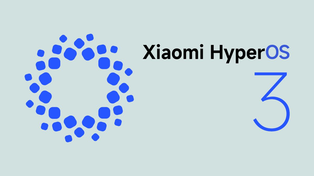 لوگوی Xiaomi HyperOS 3 (نشان دایرهای آبی با متن سیاه) بر روی یک پسزمینه خاکستری روشن.