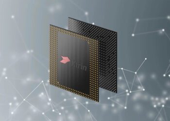 دو چیپست پردازنده Kirin (احتمالاً Kirin 9010) که به صورت مورب با ردیف‌هایی از پین‌های اتصال در یک محیط دیجیتال و شبکه‌ای قرار گرفته‌اند.