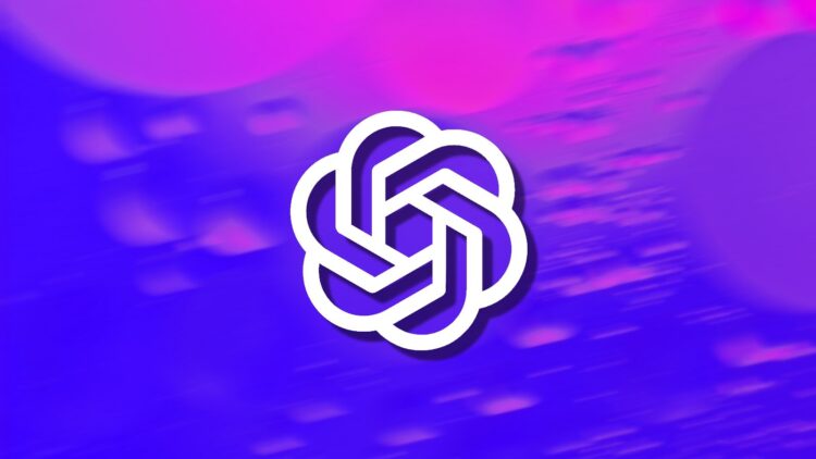 لوگوی سفید رنگ OpenAI بر روی یک پس‌زمینه انتزاعی بنفش و آبی محو.