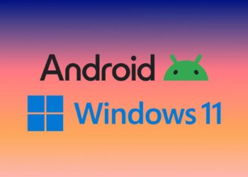 لوگوهای اندروید و ویندوز ۱۱ با متن‌های "Android" (سیاه) و "Windows 11" (آبی) در یک پس‌زمینه با گرادیانت رنگارنگ.