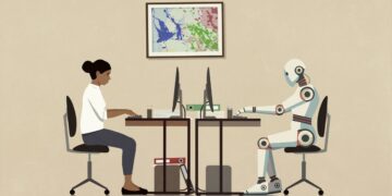 یک زن در حال کار با کامپیوتر در کنار یک ربات انساننما که پشت میز نشسته و در حال کار با کامپیوتر است، در یک تصویرسازی که به جایگزینی نیروی کار توسط هوش مصنوعی اشاره دارد.