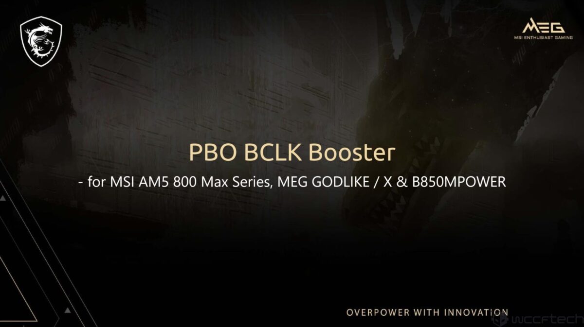 اسلاید تبلیغاتی MSI برای ویژگی "PBO BCLK Booster" که نشان می‌دهد این قابلیت عملکرد CPUهای AMD Ryzen را افزایش می‌دهد و برای سری مادربردهای AM5 800 Max در دسترس است.