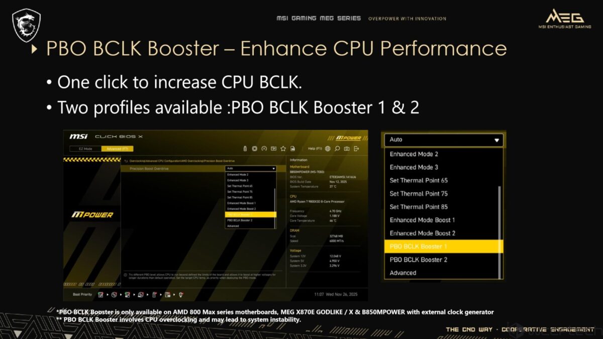 اسلاید تبلیغاتی MSI که ویژگی "PBO BCLK Booster – Enhance CPU Performance" را با گزینه‌های "One click to increase CPU BCLK" و "Two profiles available" در بایوس نشان می‌دهد.