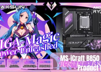 اسلاید تبلیغاتی مادربرد Maxsun MS-iCraft B850 AIGA با طراحی محصول و ویژگی‌های کلیدی مانند TDP 400W، پشتیبانی از DDR5، اسلات‌های M.2 با سرعت کامل و بایوس PTM UI.