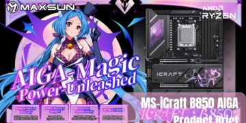 اسلاید تبلیغاتی مادربرد Maxsun MS-iCraft B850 AIGA با طراحی محصول و ویژگیهای کلیدی مانند TDP 400W، پشتیبانی از DDR5، اسلاتهای M.2 با سرعت کامل و بایوس PTM UI.