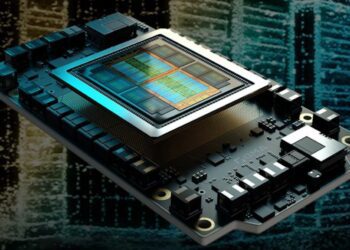 نمای سه‌بعدی از یک چیپست پیشرفته (شبیه به پردازنده‌های گرافیکی NVIDIA) که روی یک برد مدار چاپی (PCB) با پس‌زمینه گرافیکی شبیه به یک ساختمان شهر نصب شده است.