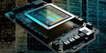 نمای سه‌بعدی از یک چیپست پیشرفته (شبیه به پردازنده‌های گرافیکی NVIDIA) که روی یک برد مدار چاپی (PCB) با پس‌زمینه گرافیکی شبیه به یک ساختمان شهر نصب شده است.