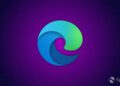 لوگوی مرورگر Microsoft Edge (مارپیچ آبی و سبز) بر روی یک پس‌زمینه بافت‌دار بنفش و آبی تیره.