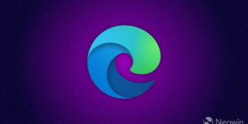 لوگوی مرورگر Microsoft Edge (مارپیچ آبی و سبز) بر روی یک پس‌زمینه بافت‌دار بنفش و آبی تیره.