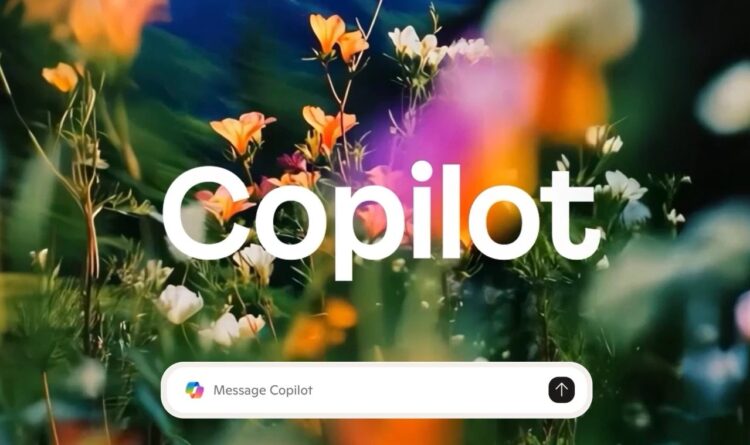 کادر متنی برای ارسال پیام به Copilot در پایین یک تصویر انتزاعی با گل‌ها و نورهای رنگارنگ.