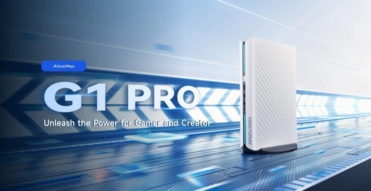 یک کامپیوتر کوچک Minisforum G1 Pro به رنگ سفید با طرح بافتدار، که در مقابل یک پسزمینه آبی روشن و نئونی قرار دارد.