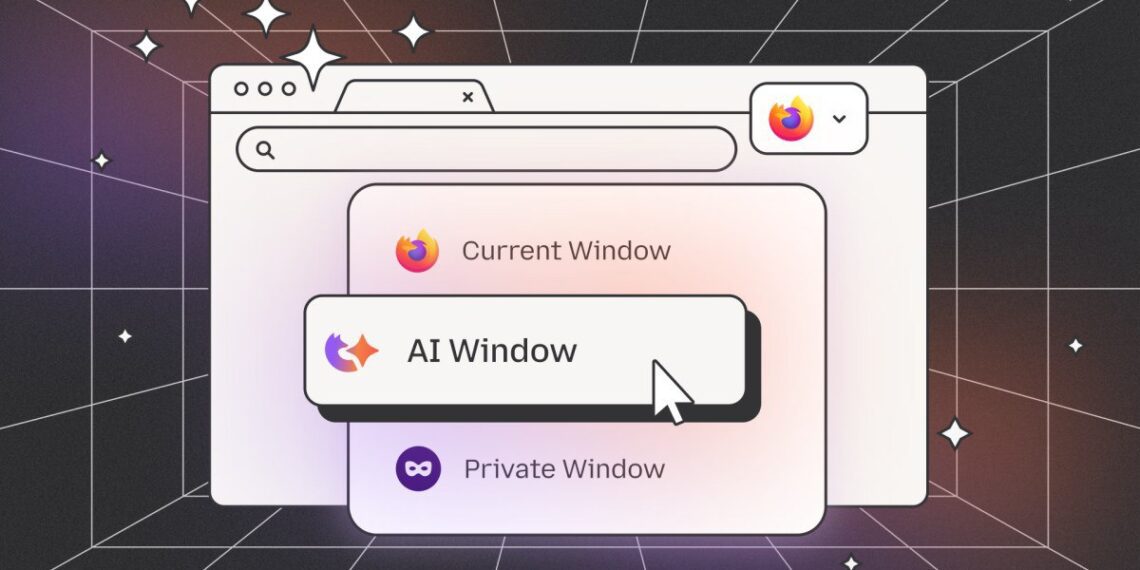 یک پنجره مرورگر انتزاعی Firefox که منویی با سه گزینه "Current Window"، "AI Window" و "Private Window" را نشان می‌دهد و نشانگر ماوس روی "AI Window" است.