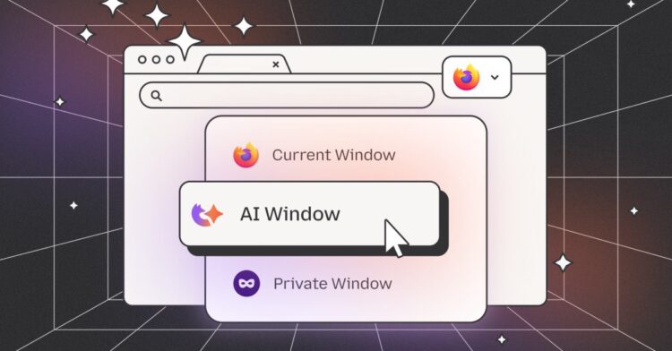 یک پنجره مرورگر انتزاعی Firefox که منویی با سه گزینه "Current Window"، "AI Window" و "Private Window" را نشان می‌دهد و نشانگر ماوس روی "AI Window" است.