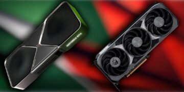 دو کارت گرافیک (GPU) که به صورت مورب کنار هم قرار گرفته‌اند؛ یکی کارت NVIDIA GeForce RTX (با طراحی فن Founders Edition) و دیگری کارت AMD Radeon با سه فن، که هر دو روی پس‌زمینه‌ای با رنگ‌های سبز و قرمز قرار دارند.