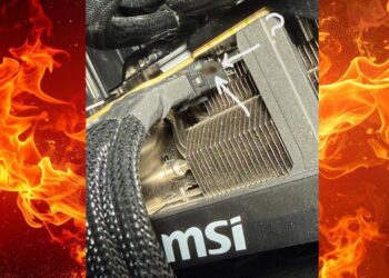 نمای نزدیک از کانکتور برق ذوب شده کارت گرافیک NVIDIA RTX 5090 (ساخت MSI) که به نظر میرسد به پورت GPU چسبیده و با فلشهای سفید مشخص شده است.