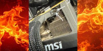 نمای نزدیک از کانکتور برق ذوب شده کارت گرافیک NVIDIA RTX 5090 (ساخت MSI) که به نظر می‌رسد به پورت GPU چسبیده و با فلش‌های سفید مشخص شده است.