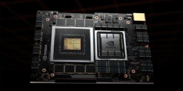 یک ماژول سرور انویدیا با دو تراشه بزرگ (احتمالاً یک GPU و یک CPU) و حافظه‌های متعدد LPDDR، که روی یک برد مدار چاپی (PCB) مشکی قرار دارد.