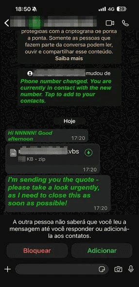 نمای WhatsApp موبایل با یک پیام مخرب حاوی فایل ".vbs.zip" و متن‌هایی مانند "I'm sending you the quote - please take a look urgently" که برای فریب کاربر استفاده شده است.