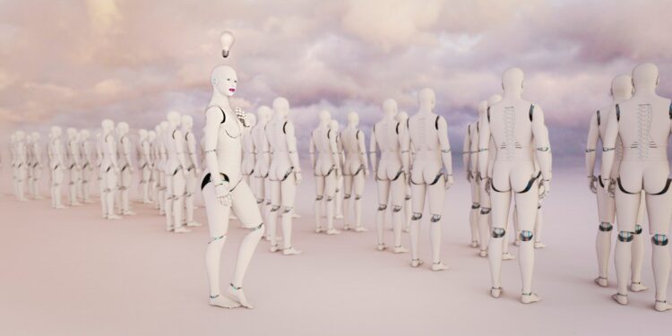 گروهی از ربات‌های انسان‌نما در یک محیط باز و کم‌رنگ، که یکی از ربات‌ها با یک حباب نورانی بالای سرش رو به جلو ایستاده است در حالی که بقیه پشت کرده‌اند.