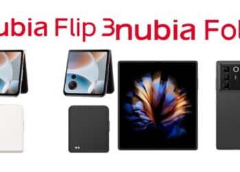 رندر گوشیهای تاشوی Nubia Flip 3 (تاشوی عمودی) و Nubia Fold (تاشوی کتابی) که طرحهای مختلف و ماژولهای دوربین پشتی آنها دیده میشود.