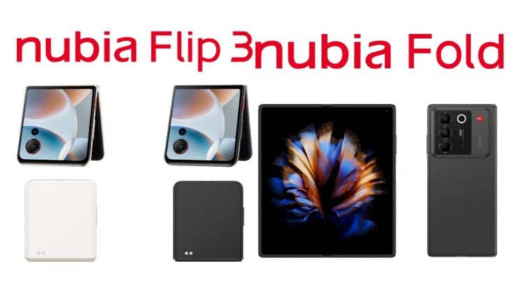 رندر گوشیهای تاشوی Nubia Flip 3 (تاشوی عمودی) و Nubia Fold (تاشوی کتابی) که طرحهای مختلف و ماژولهای دوربین پشتی آنها دیده میشود.