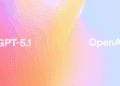 پس‌زمینه انتزاعی با گرادیانت محو و رنگارنگ (صورتی، نارنجی، آبی روشن) با متن سفید "GPT-5.1" در سمت چپ و "OpenAI" در سمت راست.