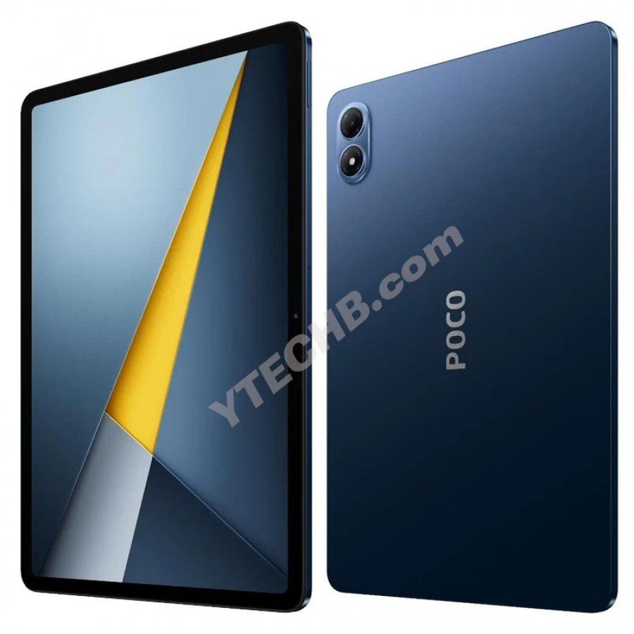 رندرهای مقایسهای دو تبلت Poco Pad M1 در رنگهای آبی تیره و خاکستری، که نمای جلو و پشت هر دو تبلت در کنار هم دیده میشود.
